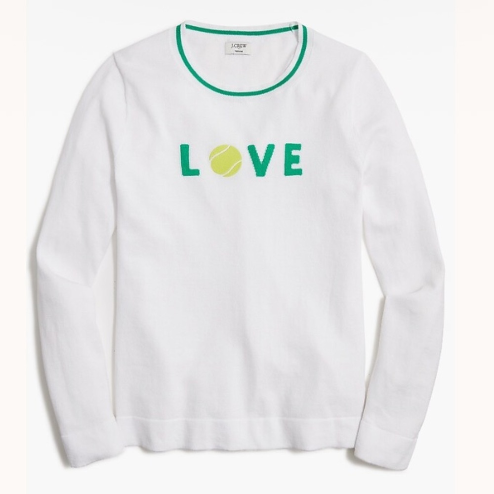 J. Crew Tennis Teddie White Sweater with Green Love Design Sz M